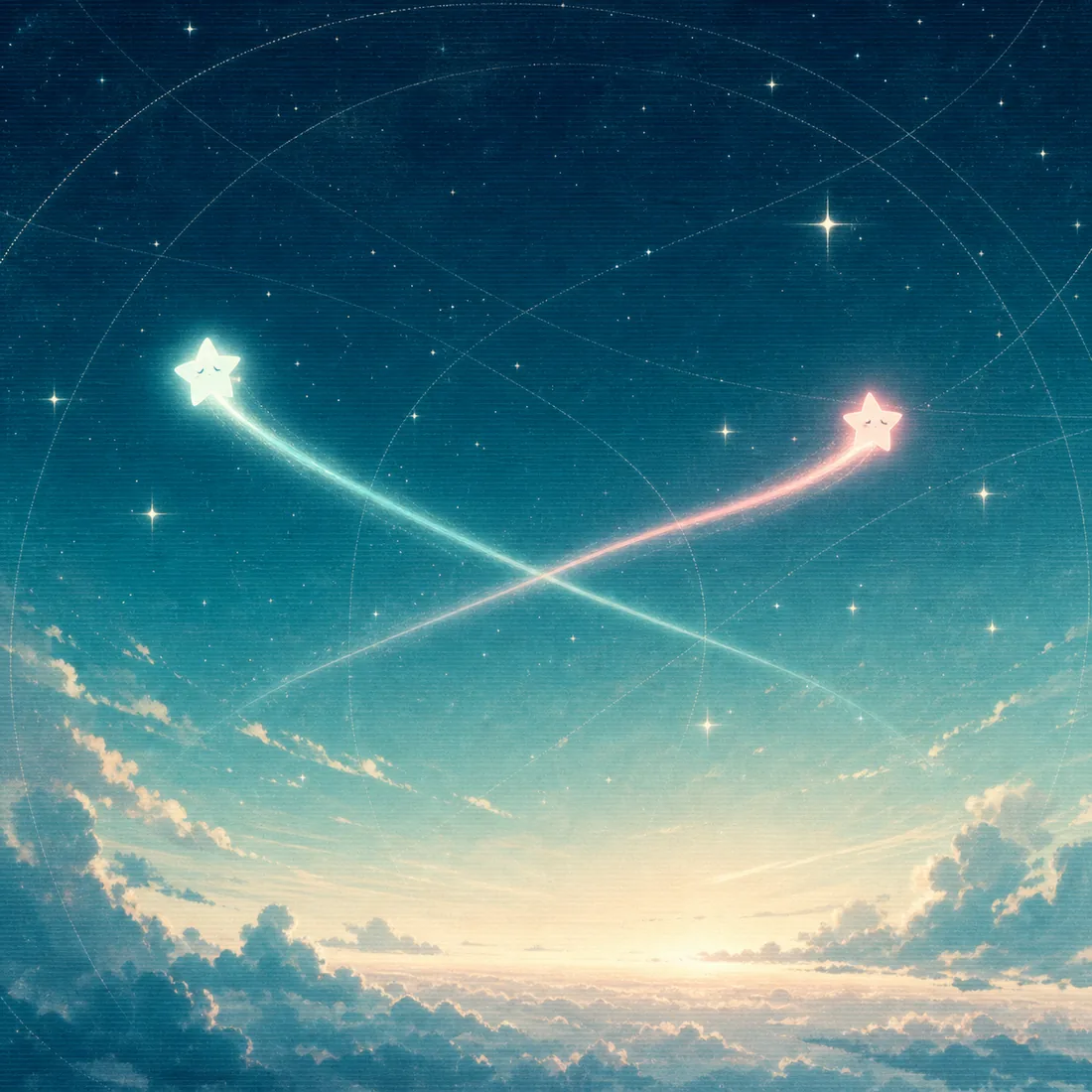 主视觉：两颗拖着光尾的星辰在暮色天空中交错